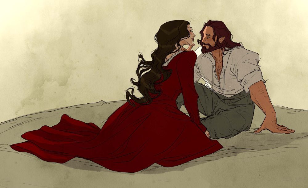 digital sketch by Abigail Larson from her "Snow White" project showing a couple seated on the ground looking intimately at each other