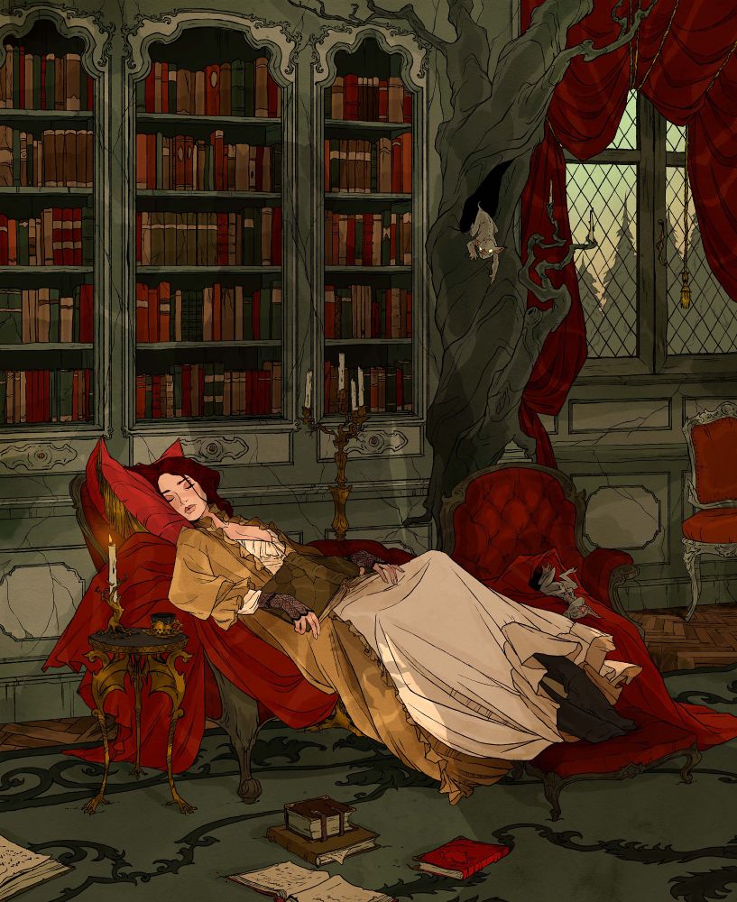 an illustration by Abigail Larson depicting a fantasy library scene. A woman with auburn hair sleeps on a sofa surrounded by old books. A goblin sleeps next to her, and another goblin climbs down from a bookcase behind them.