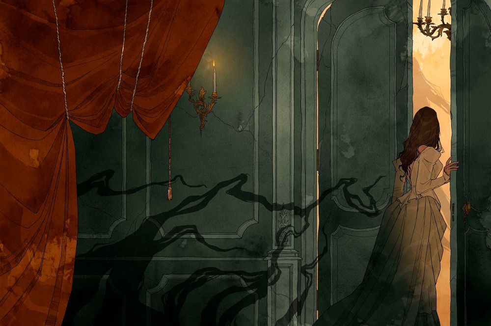 Cover illustration for "Come Find Me" for DSTLRY depicting a woman opening a door to a warmly lit room while tendril shadows follow her