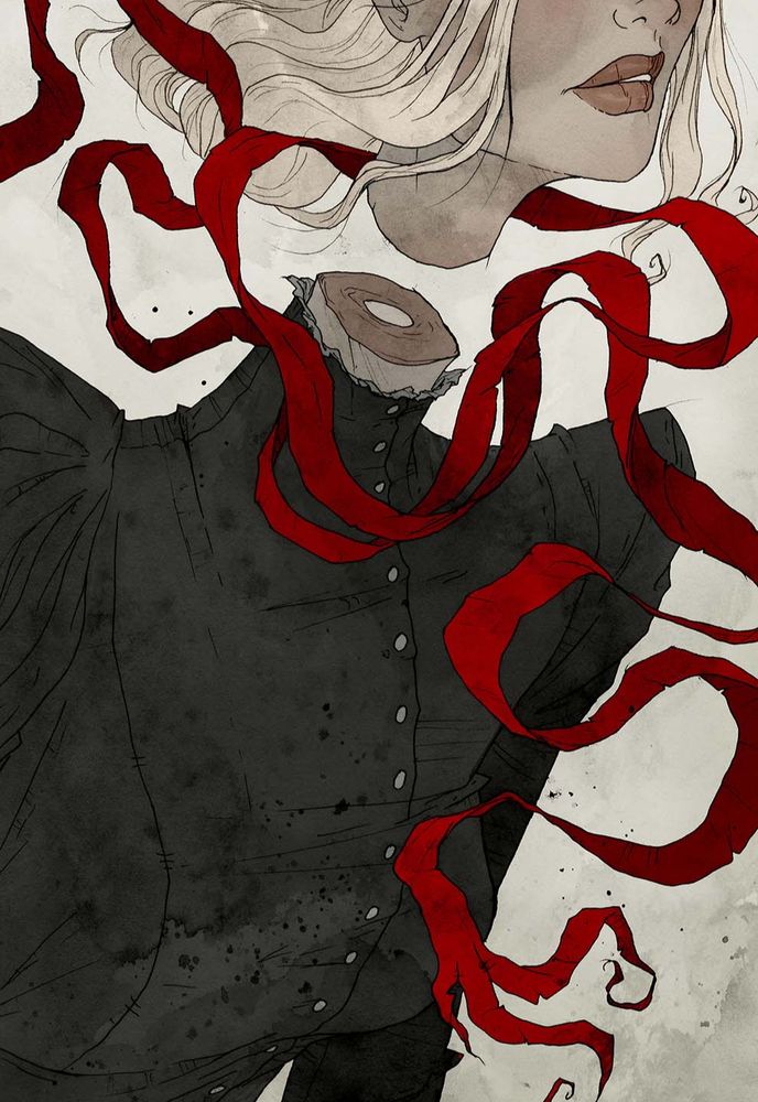 illustration of a woman with a severed head, red ribbons floating around her neck.