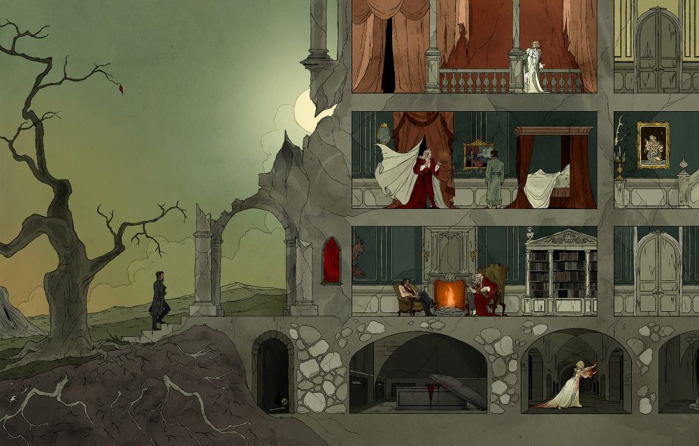 illustration of an old decrepit mansion bisection showing multiple levels with various moments from Edgar Allan Poe's story, "The Fall of the House of Usher"
