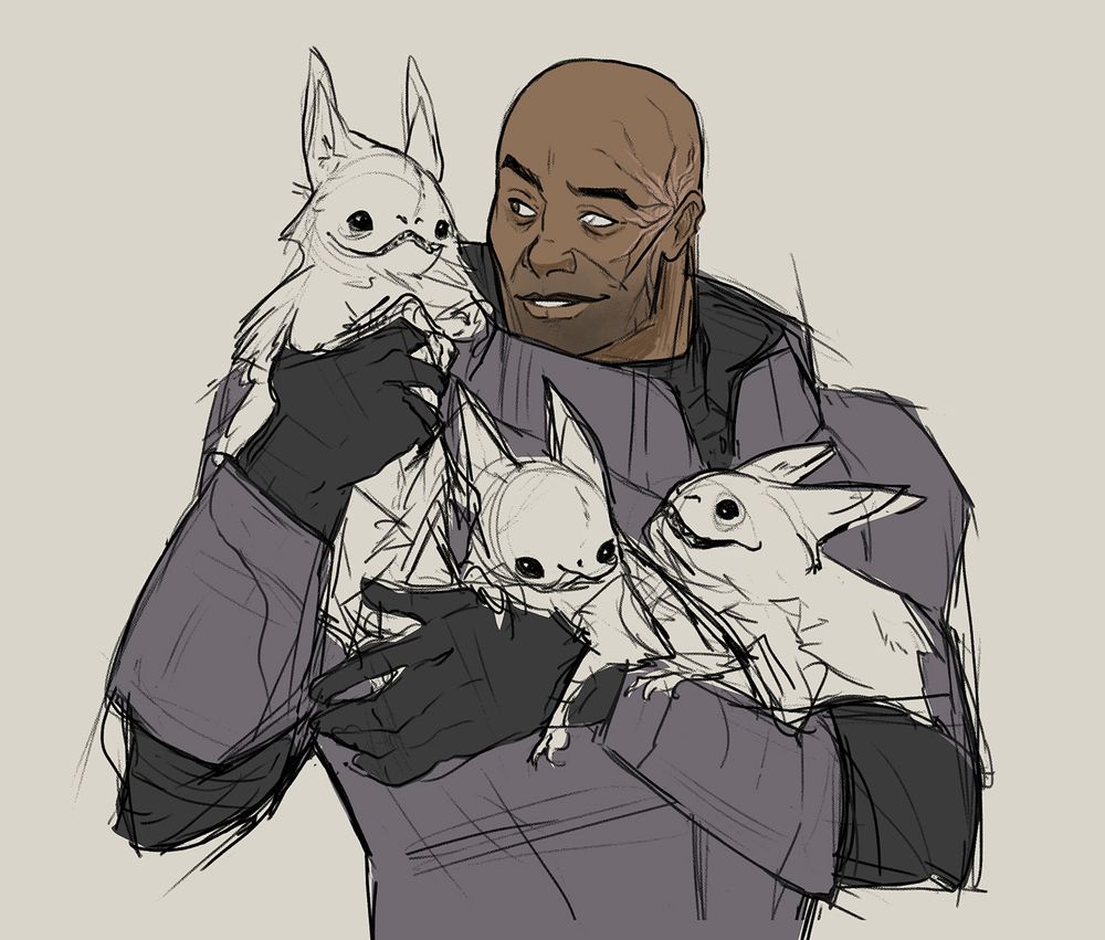 digital sketch of Wrecker from "The Bad Batch" holding three loth-cats