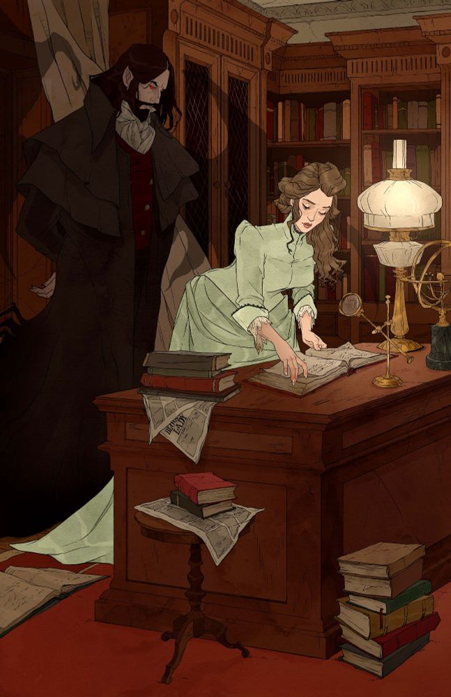 A 2024 illustration by Abigail Larson inspired by the novel "Dracula" by Bram Stoker. The scene shows Mina Harker studying in an office surrounded by newspapers and books while the shadow of Dracula looms behind her.