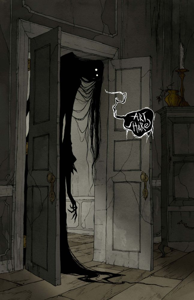 illustration by Abigail Larson of a ghost with glowing white eyes peeking their head into a room with a speech bubble that says "art share"