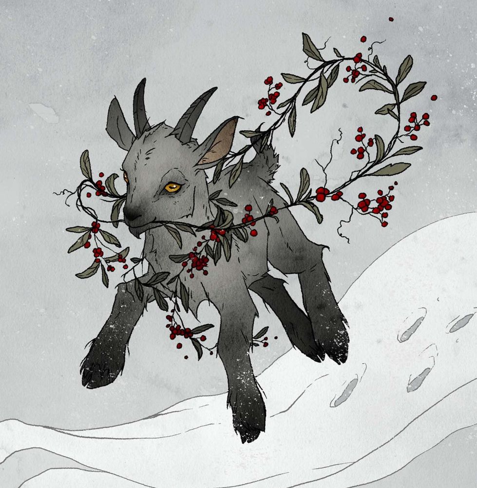 illustration of a baby Yule Goat jumping in the snow with a berry garland