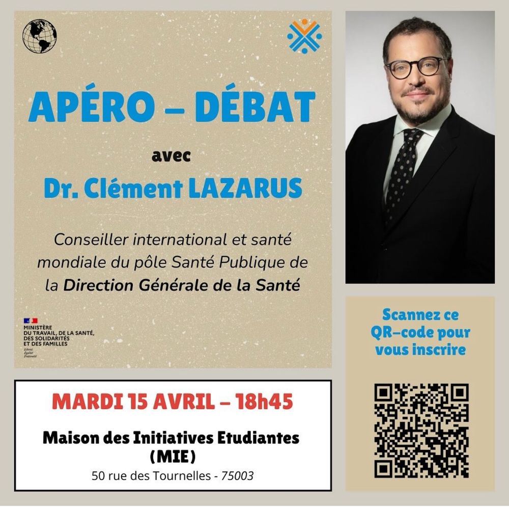 Affiche de l’apéro débat santé mondiale du SPI le 15/04 à 18:45