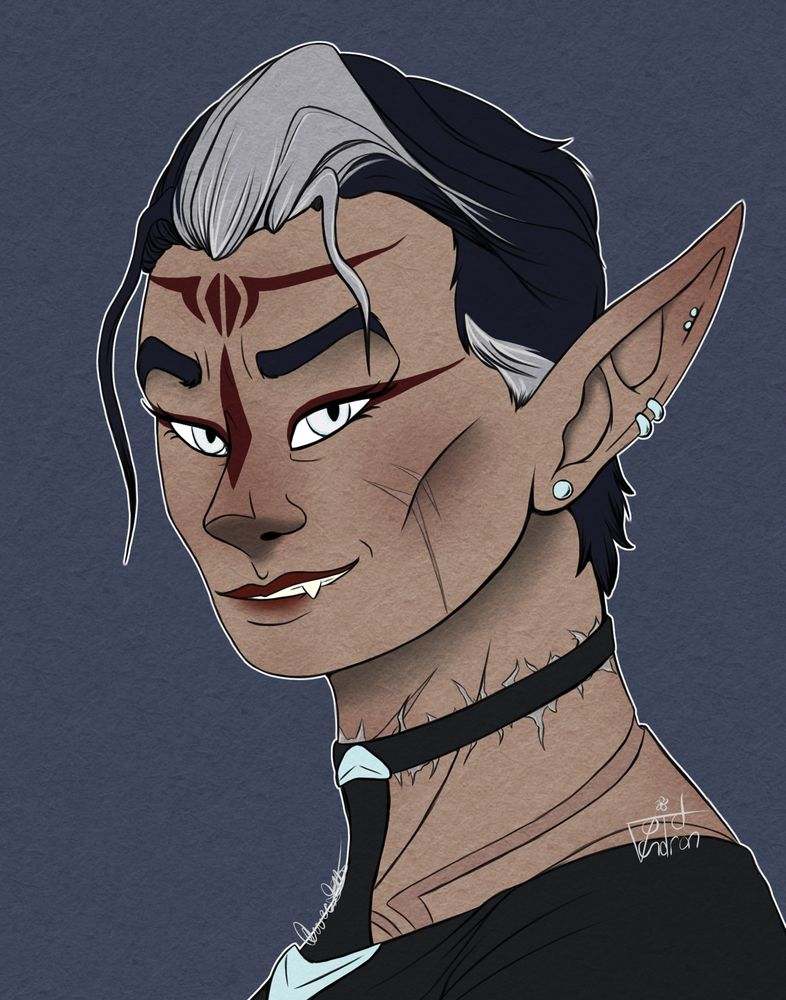 Digital headshot of an androgynous humanoid. She has fairly pale skin, large point ears, and her black hair is swooshed to one side and heavily graying. Her eyes are pale silver-blue, face is covered in symmetric red tattoos, and her neck in various scars. Her head is turned slightly toward the viewer, and she's smiling with one fang sticking out. 