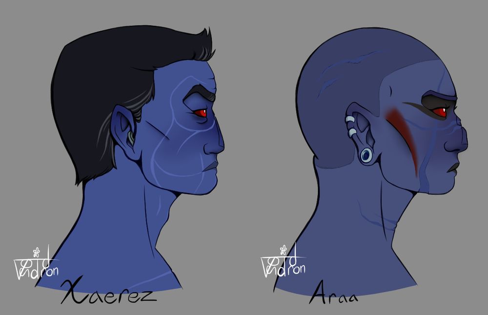 two headshots in profile. both characters are Chiss, blue-skinned humanoids with bright red eyes. both have their names under the headshot: "Xaerez" on the left and "Araa" on the right. Xaerez has short, dark hair that sticks up in the front, and a heavily scarred face. his expression is neutral and he looks tired. Araa has her hair shaved, and wears heavy red and black makeup. she has a few earrings and heavily scarred face. she appears to be glaring.