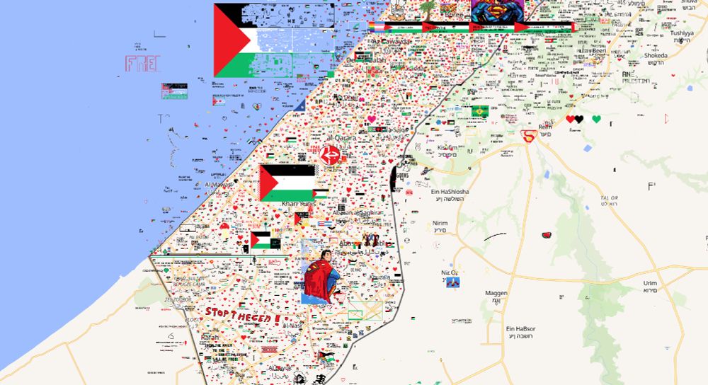 A large shot of the Gaza Strip's lower half on the WPlace website - featuring Palestinian flags, hearts, fictional characters, and quotes about freeing Palestine.