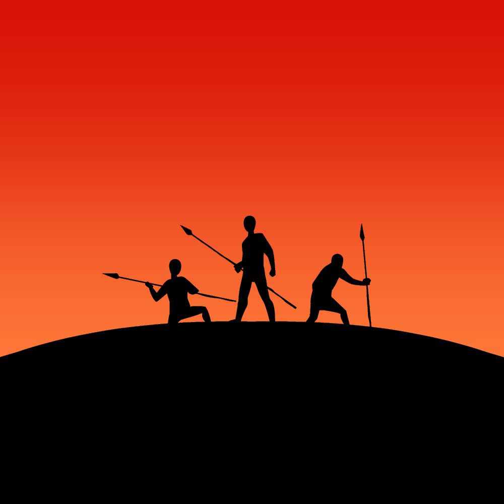 Three human silhouettes holding spears in front of a red and orange sunrise/sunset