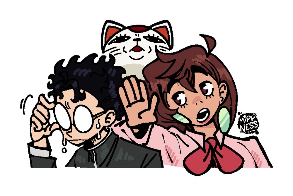 A drawing for Momo Ayase, Ken Takakura (Okarun) and Turbo Granny from the anime "Dandadan"