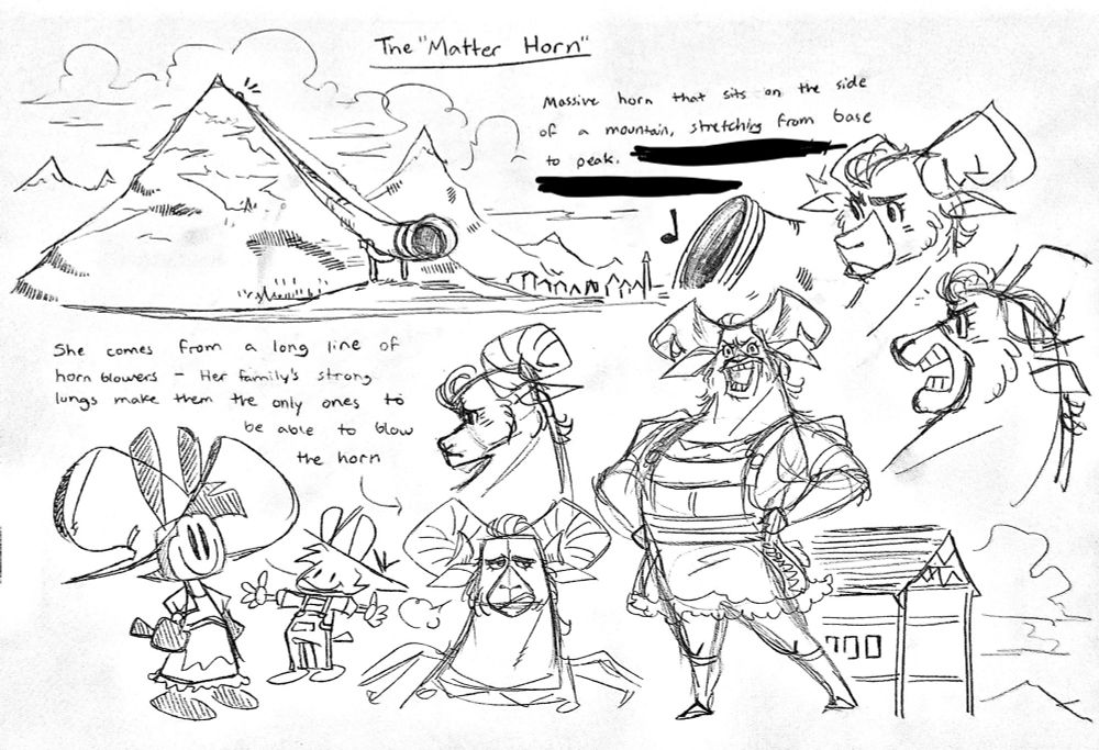 A collection of traditional doodles that depict a fictional nameless town. The towns most notable feature is the “Matter Horn”, a massive alphorn that stretches from the peak to the base of a nearby mountain. There is a designated person who regularly blows into the giant horn, being the only one with the lung capacity to do so.