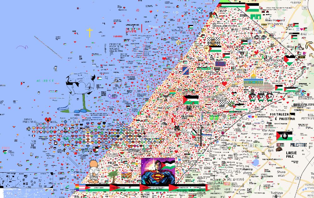 A large shot of the Gaza Strip's upper half on the WPlace website - featuring Palestinian flags, hearts, fictional characters, and quotes about freeing Palestine.