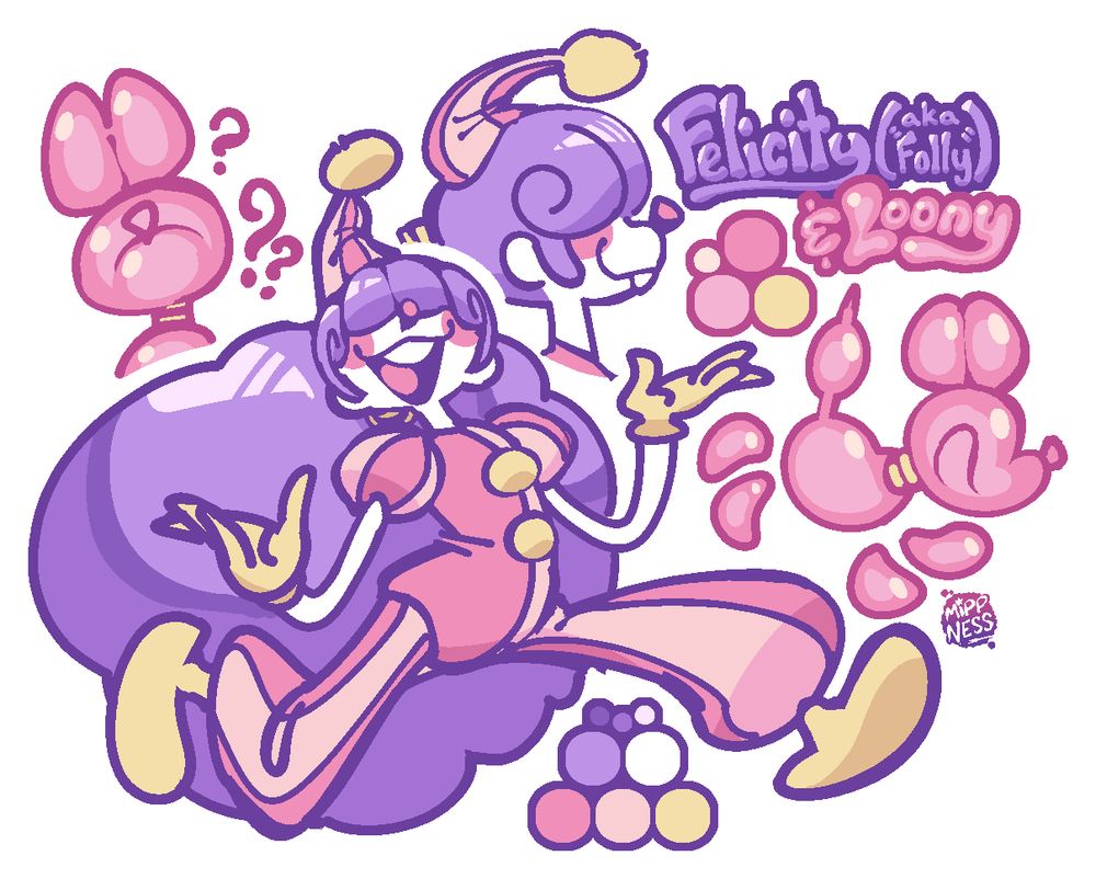 A small ref sheet of Felicity (aka "Folly") and Loony; a pastel purple and pink clown lady and her balloon dog pet. They each have one fullbody drawing and one headshot to capture their angles. In some of the empty spaces are colored circles that represent each of their color palettes.
