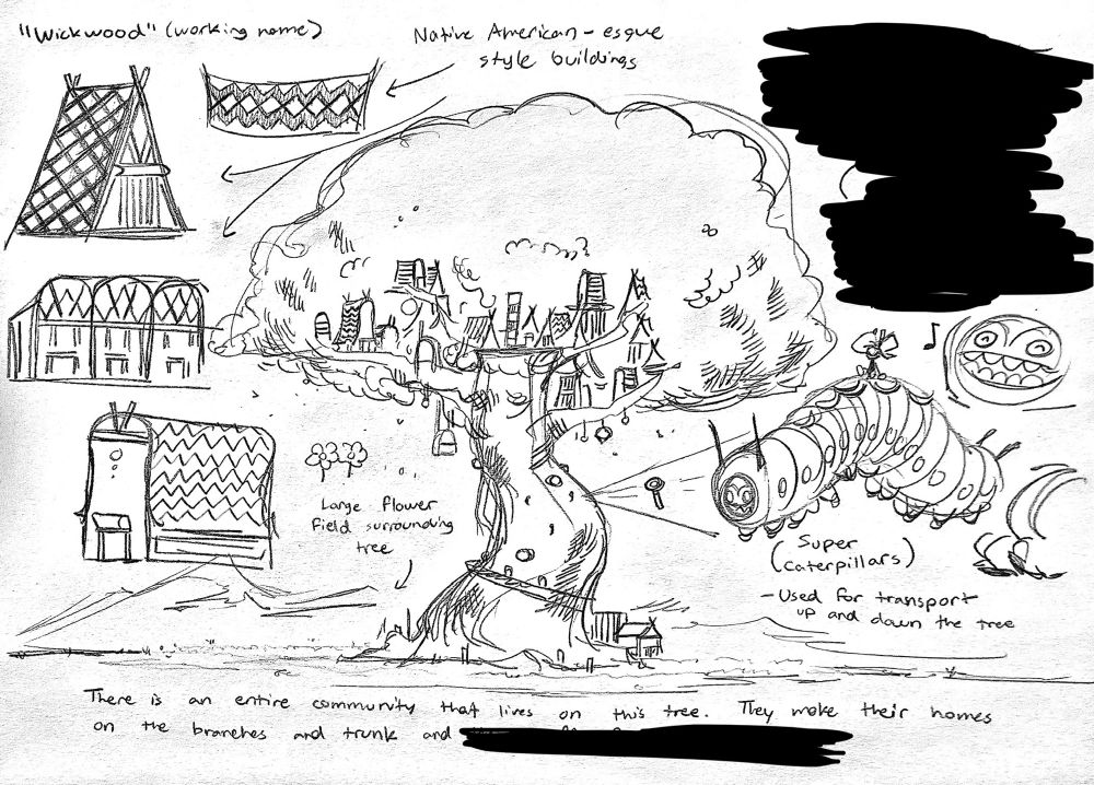 A collection of traditional doodles that depict a fictional community that exists entirely within the branches and trunk of a massive tree. The community has a style reminiscent of Native American style and patterns, with large “super caterpillars” that the people use to navigate the community. Surrounding the tree is a vast flower field.