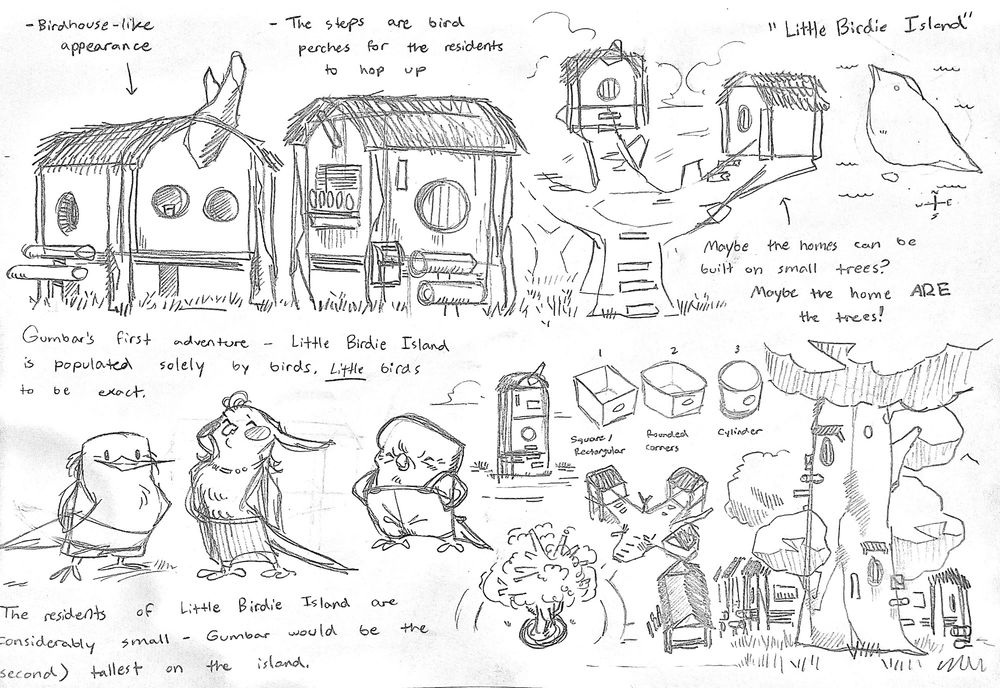 A collection of traditional doodles that depict a fictional island called “Little Birdie Island” the island is populated solely by small birds and their homes have a birdhouse aesthetic.