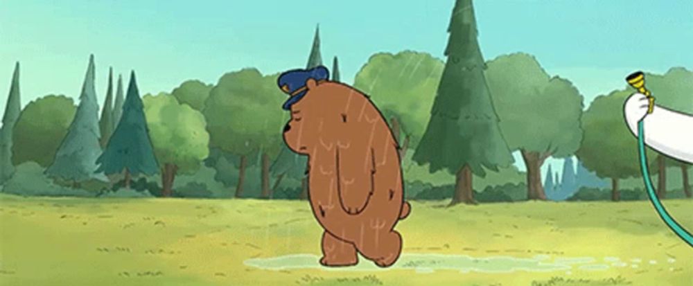 a cartoon bear wearing a police hat is standing in a puddle .