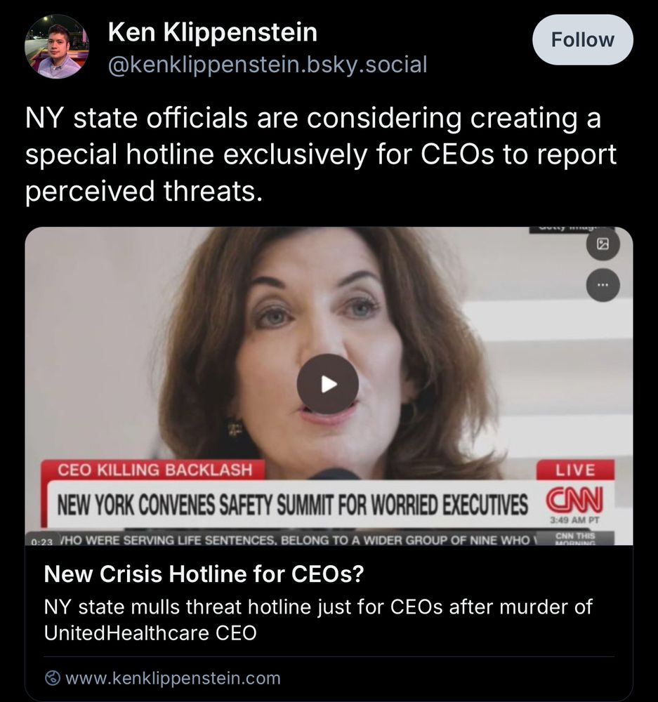 A Bluesky post from Ken Klippenstein. The post reads “NY state officials are considering creating a special hotline exclusively for CEOs to report perceived threats,” with an article attached. 