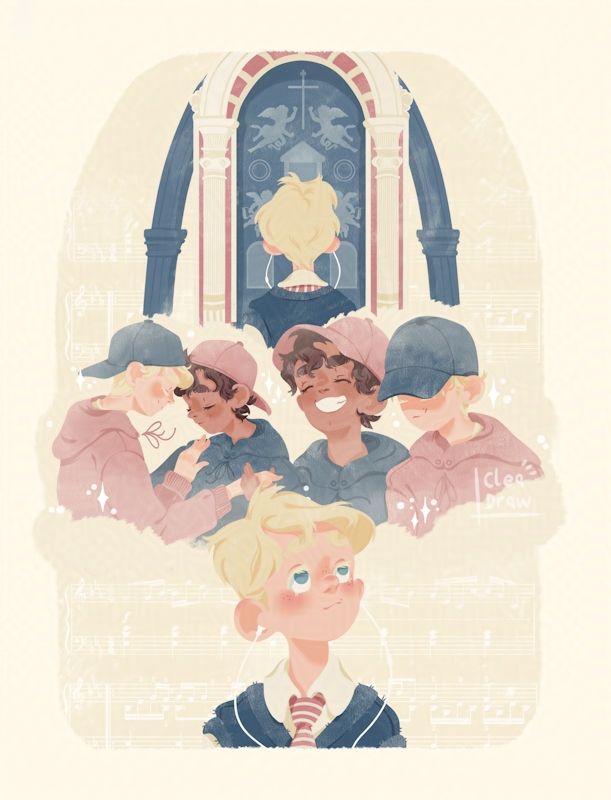 A young blond man is listening to music while looking at art. Is imagining being with a man at the same location in his future. 