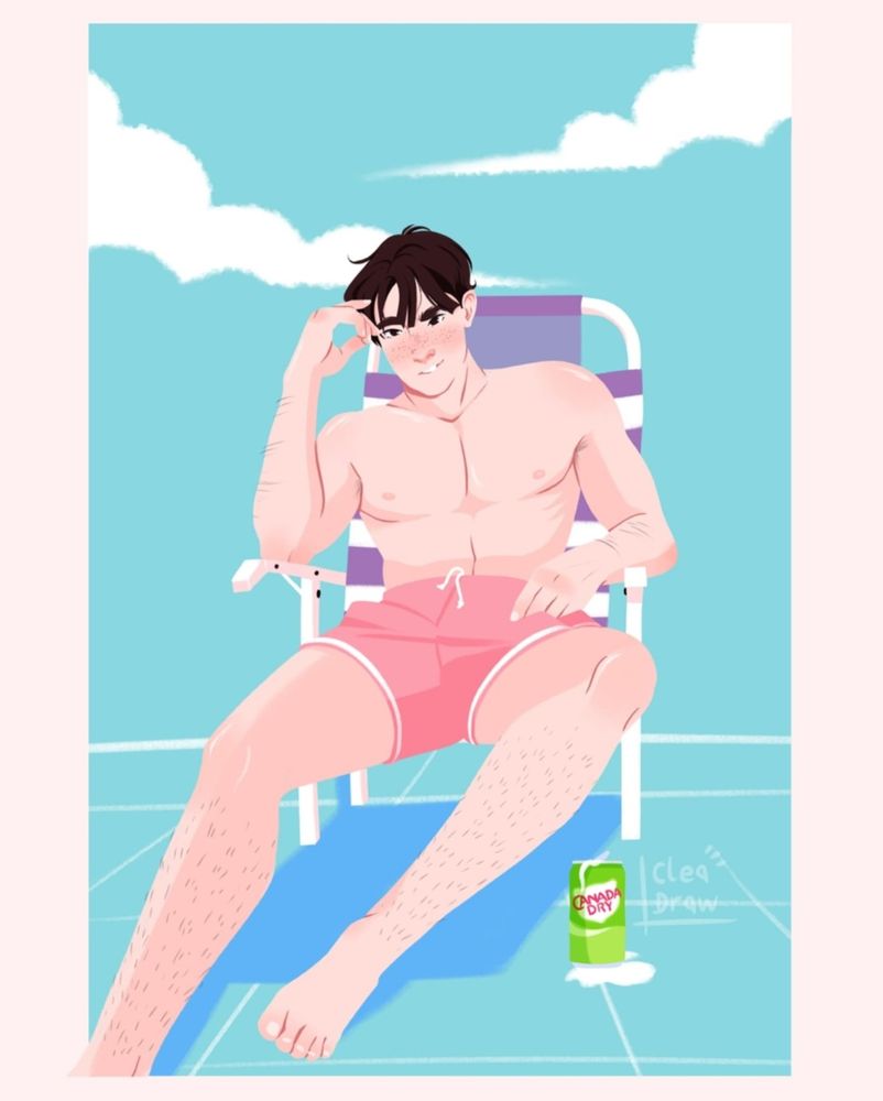 A young Japanese-American man is sitted on a beach chair. 