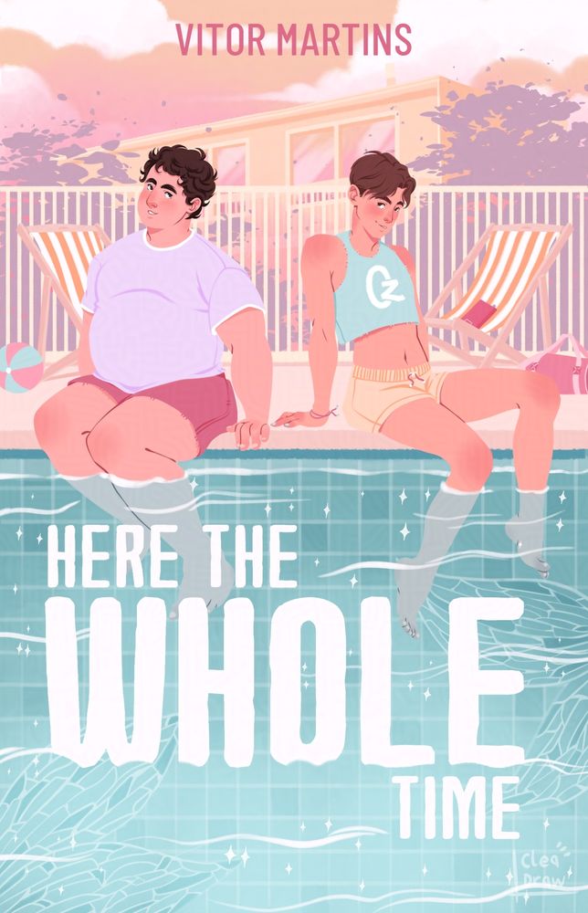 Book cover. Title: here the whole time.
Two teenagers are sitting in the edge of a pool. They are looking at eachother. 