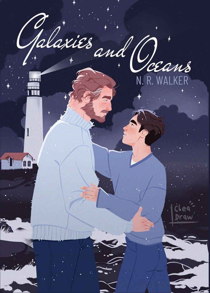 Two men are in front of the sea illuminated by a lighthouse at night