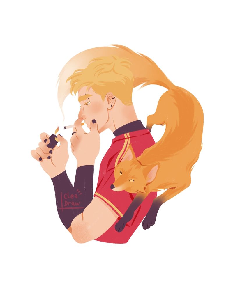 A blond man is smoking. The smoke turns into a fox. 