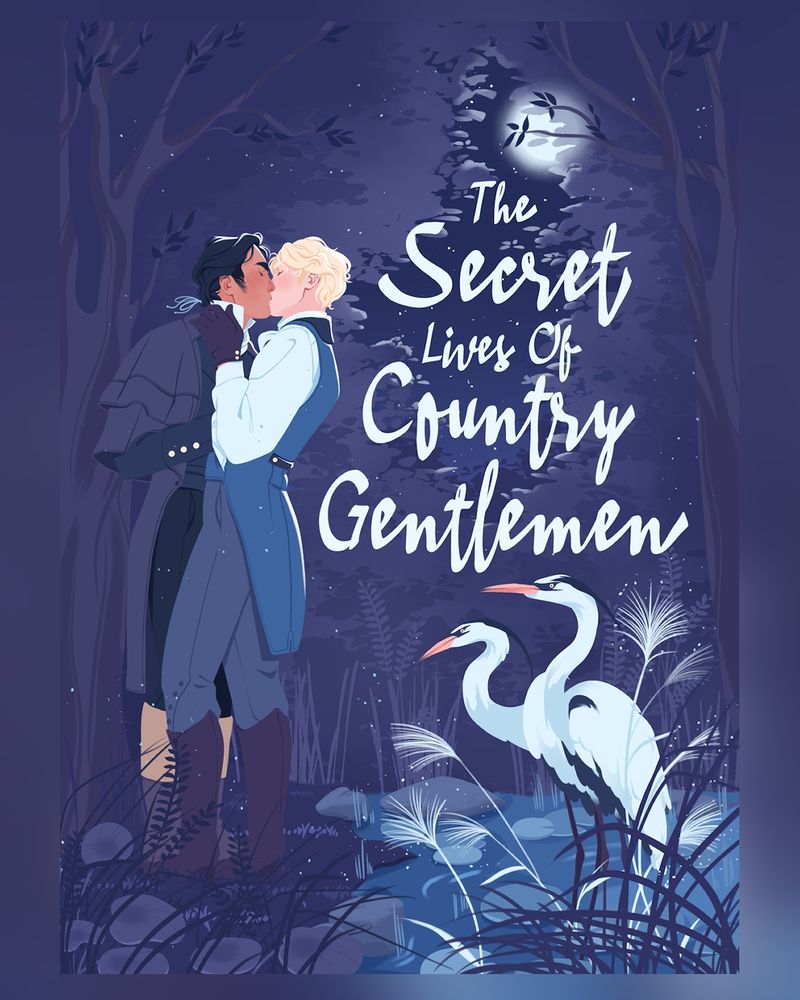 Two regency men are kissing under the full moon near a pond with two herons. 