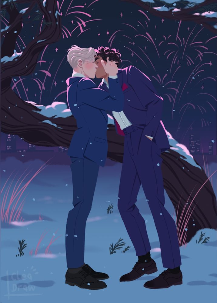 A white man is kissing a latinx man in the snow, with new year eve fireworks lighting the sky over them. 