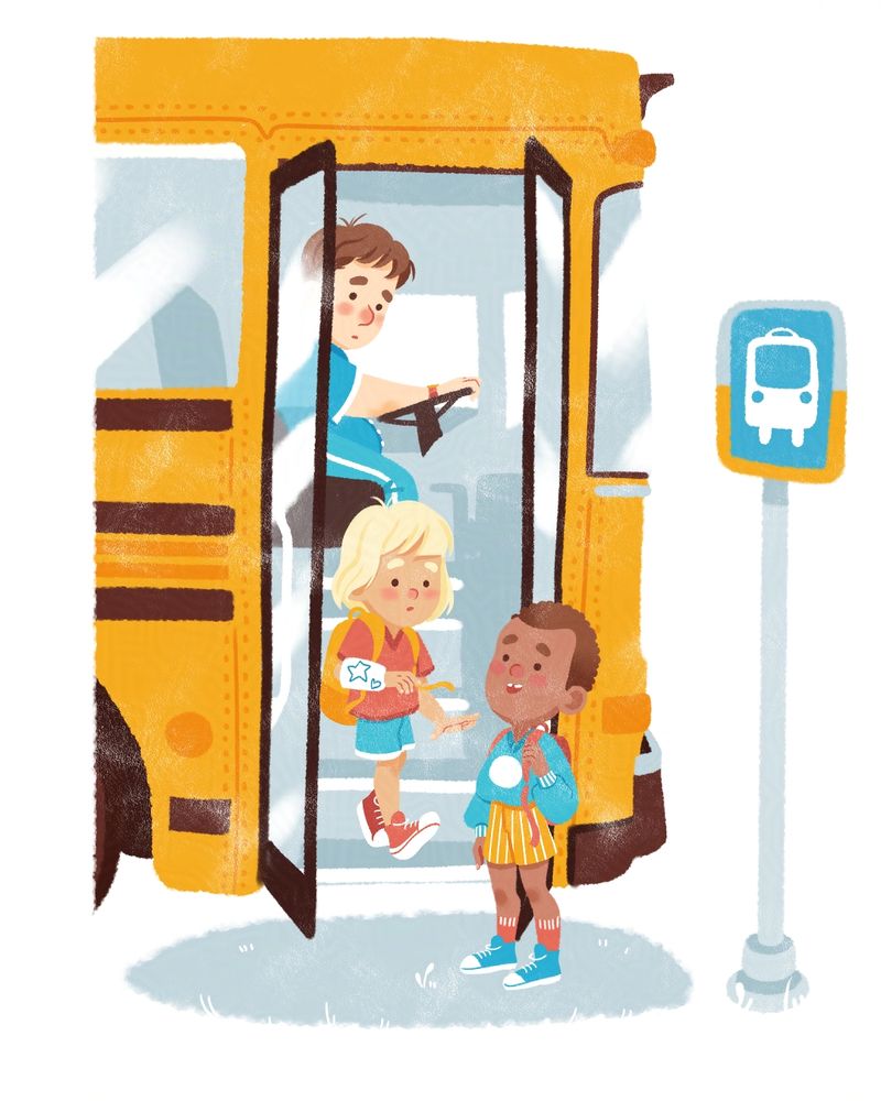 Two kids are leaving a school bus. One is a black kid with a blue sweater, the other a blond kid with a red t-shirt and a cast. 