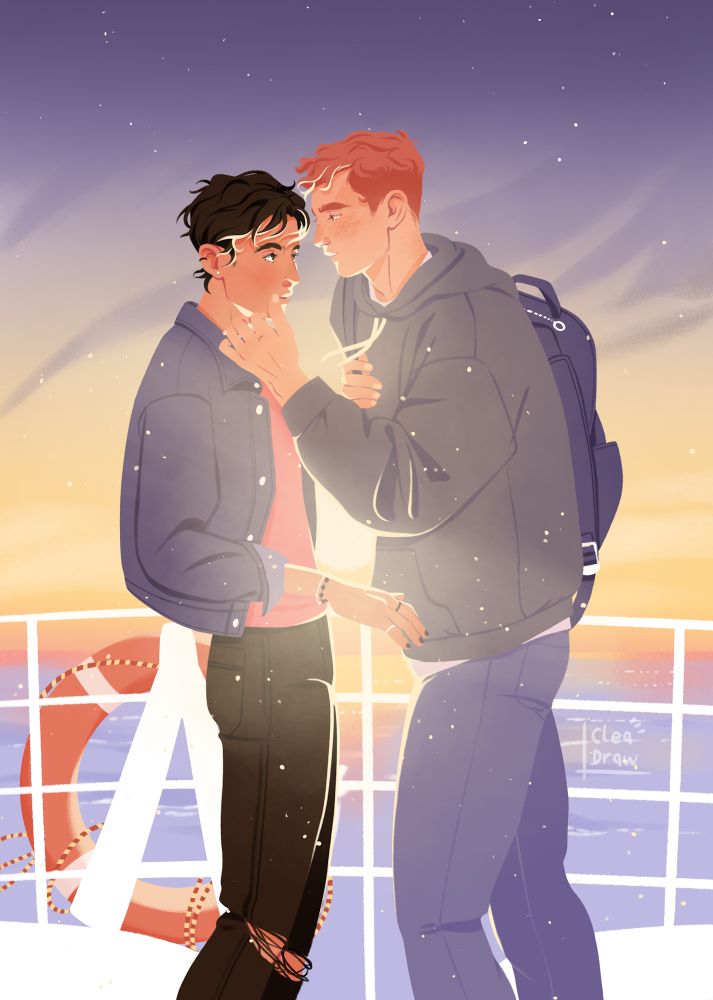 Two young men on a ferry at sunset are almost kissing. 
