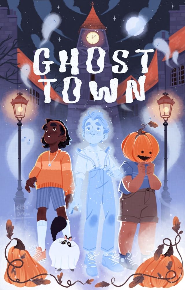 A ghost kid is surrended by a black girl and a kid with a pumpkin head. There are in the middle of a town square at night with cute ghosts everywhere.