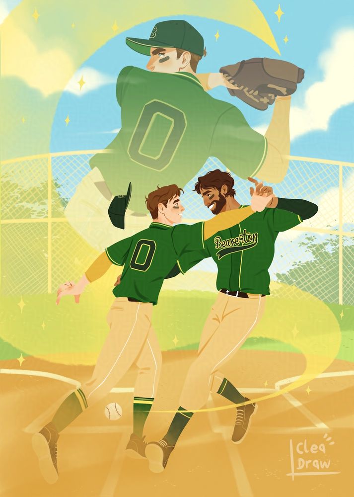 Two baseball player are dancing on the pitch. 