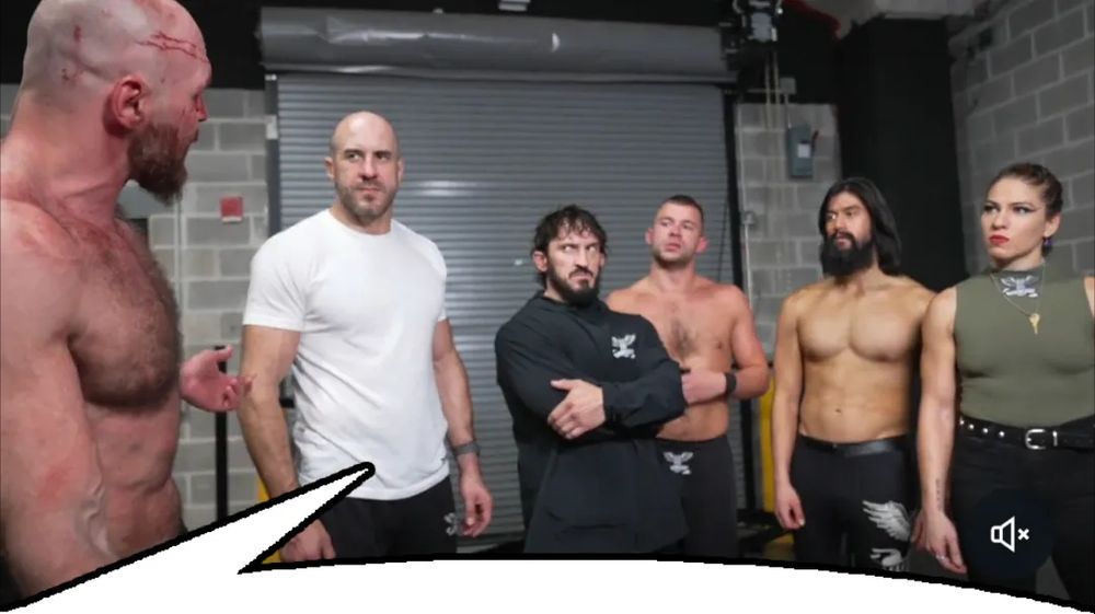 Assorted AEW wrestlers, The Death Riders, stand in front of a cinder block wall with a garage door looking angry. There is a cartoon speech bubble at the bottom of the image, implying they are thinking or saying the quoted skeet 