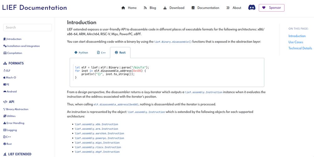 LIEF Disassembler API based on LLVM MC