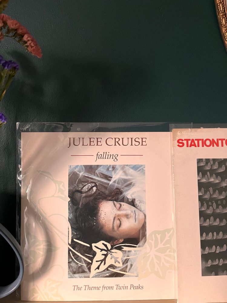 Image is the vinyl single of Julee Cruise - Falling (1990) cover photograph of Laura Palmer from Twin Peaks wrapped in plastic with mint green leaf stencils overlaid. 