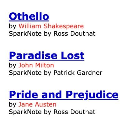 An Internet Archive screenshot of TheSpark.com from April 2000, which lists the titles and authors of their various "SparkNotes." Here, we see the study guides to Shakespeare's Othello and Austen's Pride and Prejudice are written by then-Harvard undergrad Ross Douthat
