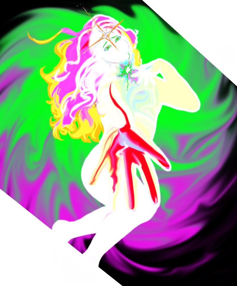 Woman reaching her hand out to the viewer with multiple swirling colors.