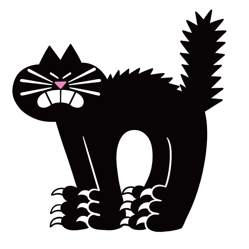 Illustration of an angry-looking black cat. Its back is arched and its hair is standing on end. 