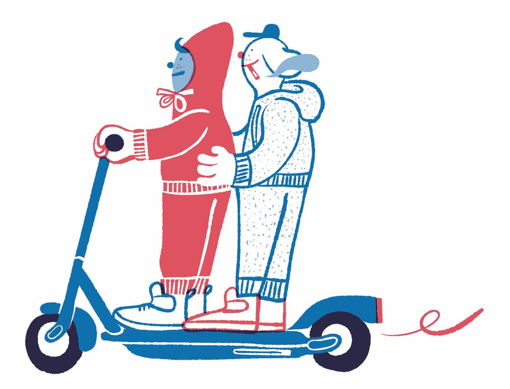 Illustration of two animal people riding an e-scooter. They are wearing tracksuits and the one at the back is smoking a cigarette. 