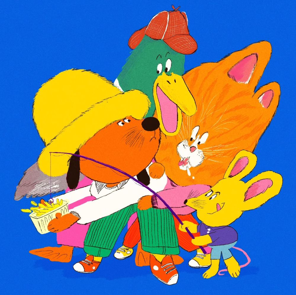 Illustration of a dog, duck, cat and mouse. The dog is holding a box of chips and the other animals are all really interested. The mouse has a fishing rod that they are using to try to get a chip. They are all wearing human clothing. The main colours are blue, yellow, green, red, orange and pink. 