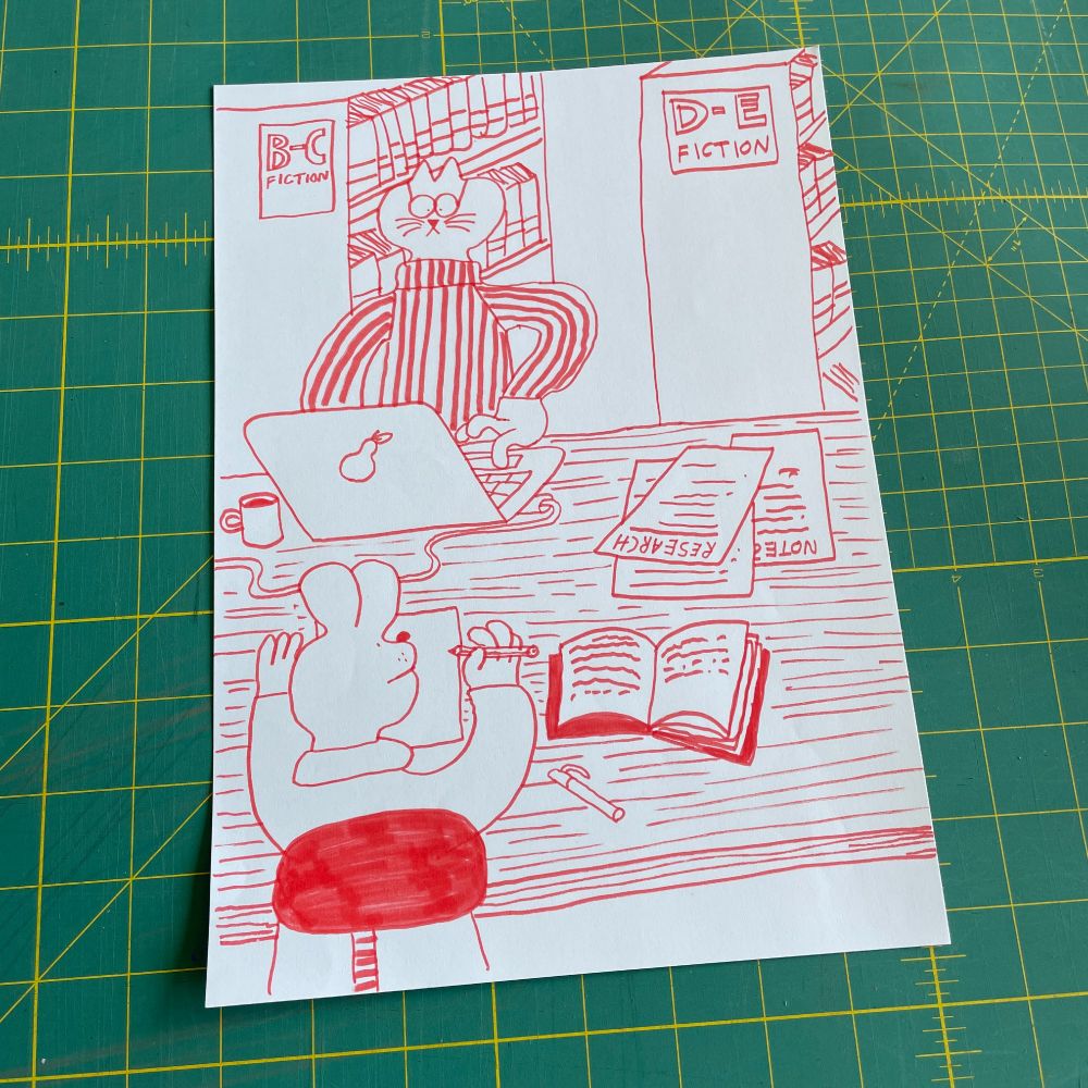 Red felt tip drawing of a cat person and a rabbit person studying at a desk in a library. 