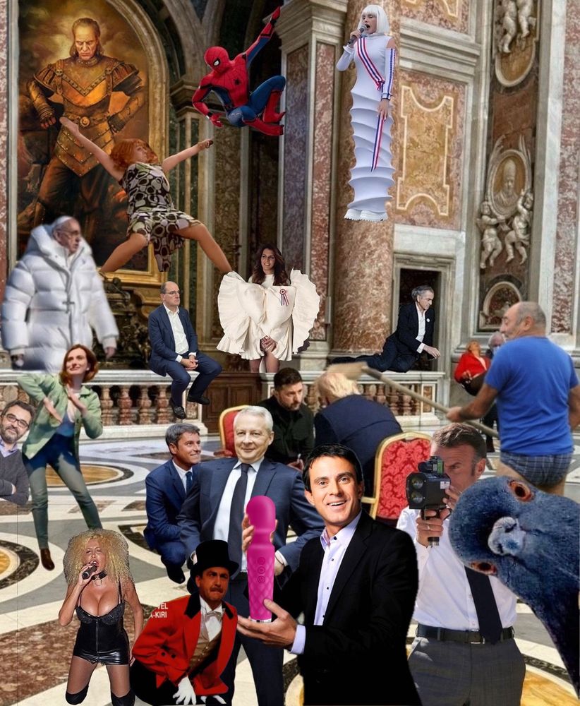 et Zelensky se sont rencontrés en marge des funérailles du pape dans la Basilique Saint-Pierre richement décorée de marbre, Bernie Sanders avec sont masque chirurgical est assis sur sa chaise au fond de la salle avec Valérie Pécresse sur les genoux, Bernard-Henri Lévy est allongé sur la rambarde de l'escalier à côté de Bernie Sander, Gabriel Attal est accroupi à côté de Zelensky, le pape François avec sa doudoune qui vient hanter tout ça. Laurent Bouvet passe une tête vite fait sur la gauche de la photo avec Marine Tondelier qui joue des percussions sur sa tête. Jean Castex est assis sur la rambarde de l'escalier au fond. Le mec en slip met un coup de pelle sur la tête de Trump. Afida Turner chante à genoux au premier plan, avec Bruno Le Maire qui remonte son pantalon juste derrière. Marlène Schiappa est la aussi. Macron est là, un radar dans les mains. Arielle Dombasle déguisée en sextoy flotte dans les airs au-dessus de Bernar-Henri Lévy. Spider-Man est accroché au mur, au-dessus de Marlène Schiappa. Au premier plan à droite, un pigeon apparaît en gros plan. Au fond à droite, on peut voir le tableau du comte Vigo vu dans "SOS Fantôme 2". Manuel Valls au premier plan essaye de nous faire comprendre un truc pas très catholique. Il tient un gros vibromasseur entre les mains. Mizou Mizou Mizou est placé pour ébouriffer l’assistance après son plat de flageolets. Brenda Montgomery faisant l’étoile ne se remettant pas de l’odeur 