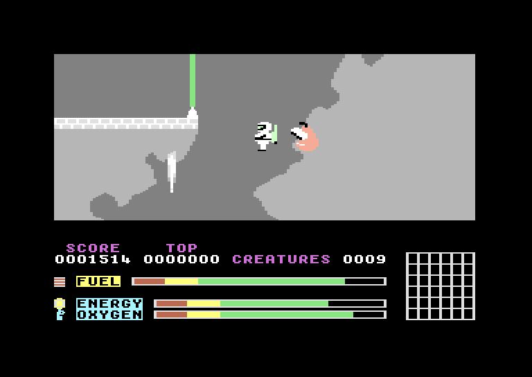 screenshot of a 2d game, side view of a pixelated astronaut floating in a grey tunnel through light grey rocks, being menaced by a pink blob with googly eyes. A green forcefield blocks progress to the left.