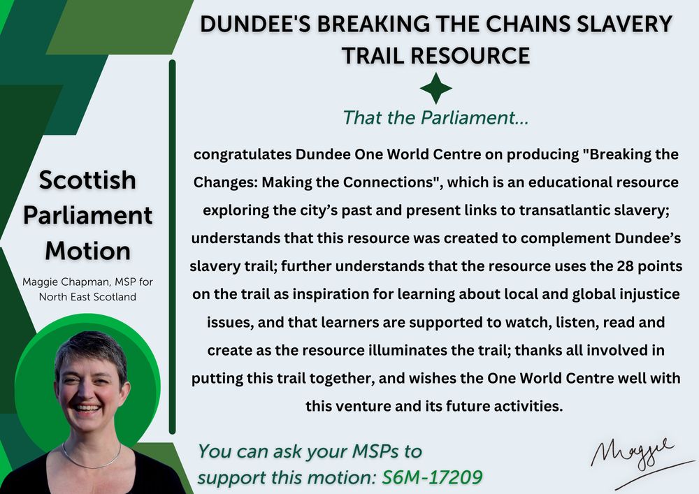 Light blue graphic with dark green geometric shapes on the left border. In the bottom left corner is an image of Maggie smiling widely. She has white skin, grey cropped hair, wearing a black scoop necked top and plain silver necklace. As the content does not fit in this alt text, you can read the motion text by going to the 'Votes and Motions' search on the Scottish Parliament website and inserting S6M-17209 as the motion reference into the search.