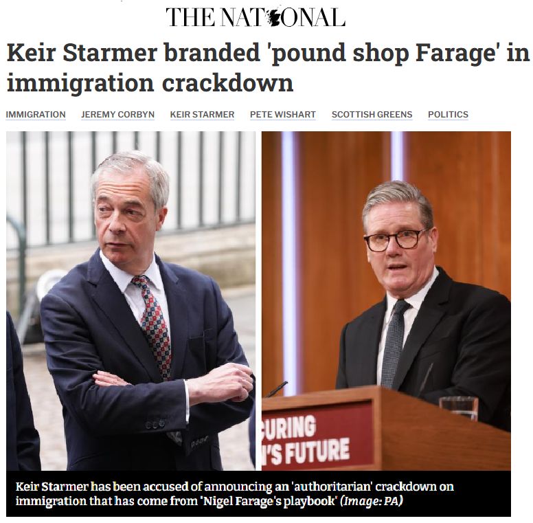 A screenshot of a digital article in The National, with the headline reading "Keir Starmer branded 'pound shop Farage' in immigration crackdown". Beneath are two images, on the left of Nigel Farage in a suit looking off to the left, and the next of Keir Starmer looking out to the crowd while he speaks from a podium.