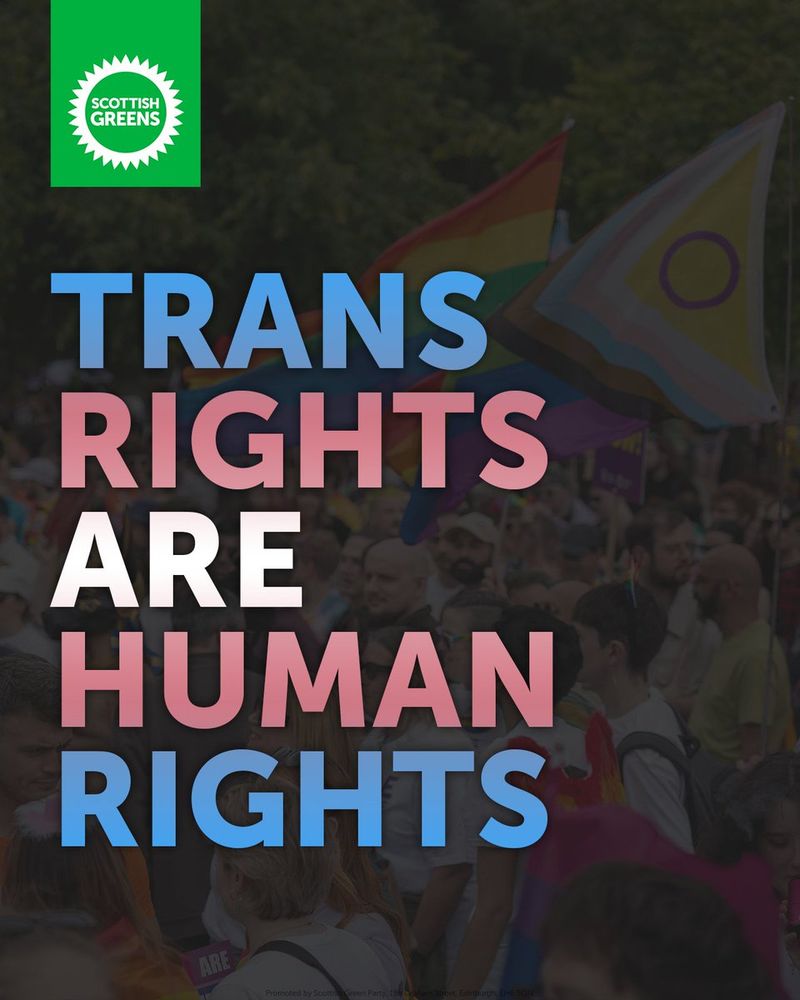 Graphic with the Scottish Greens logo and the words "Trans rights are human rights" in the trans pride colours