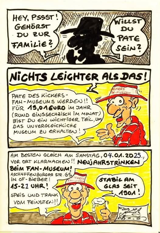 Comic von Lutz Kammermeier zur Einladung zum Neujahrstrunken am 04.01.

Kommentar: Dank modernster Technik kann man tatsächlich auch Uraltkritzeleien noch zu wunderbaren Werbecomics pimpen ... Morgen, 04.01.25, 15 - 21 Uhr, Neujahrssaufen beim Museum bis zum Komplettverlust der Muttersprache! Pflichttermin, nicht nur für Käsewurstjunkies ... 8-)