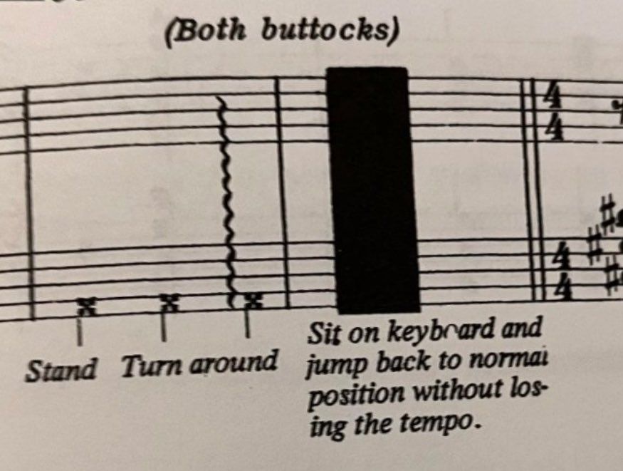 Excerpt from sheet music for Frank Zappa's "Penis Dimension" in which the pianist sits on the piano.