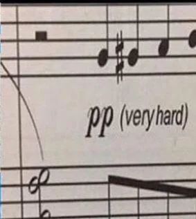 sheet music with pianissimo dynamic (pp) followed by parenthetical instruction "very hard"
